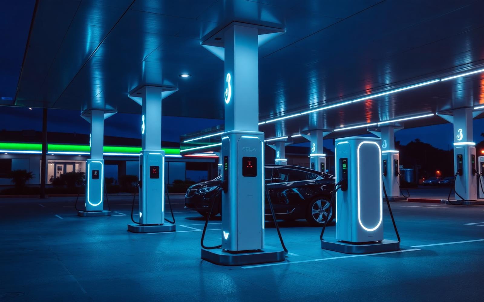 Estação de carregamento elétrico CRP Charge em operação à noite